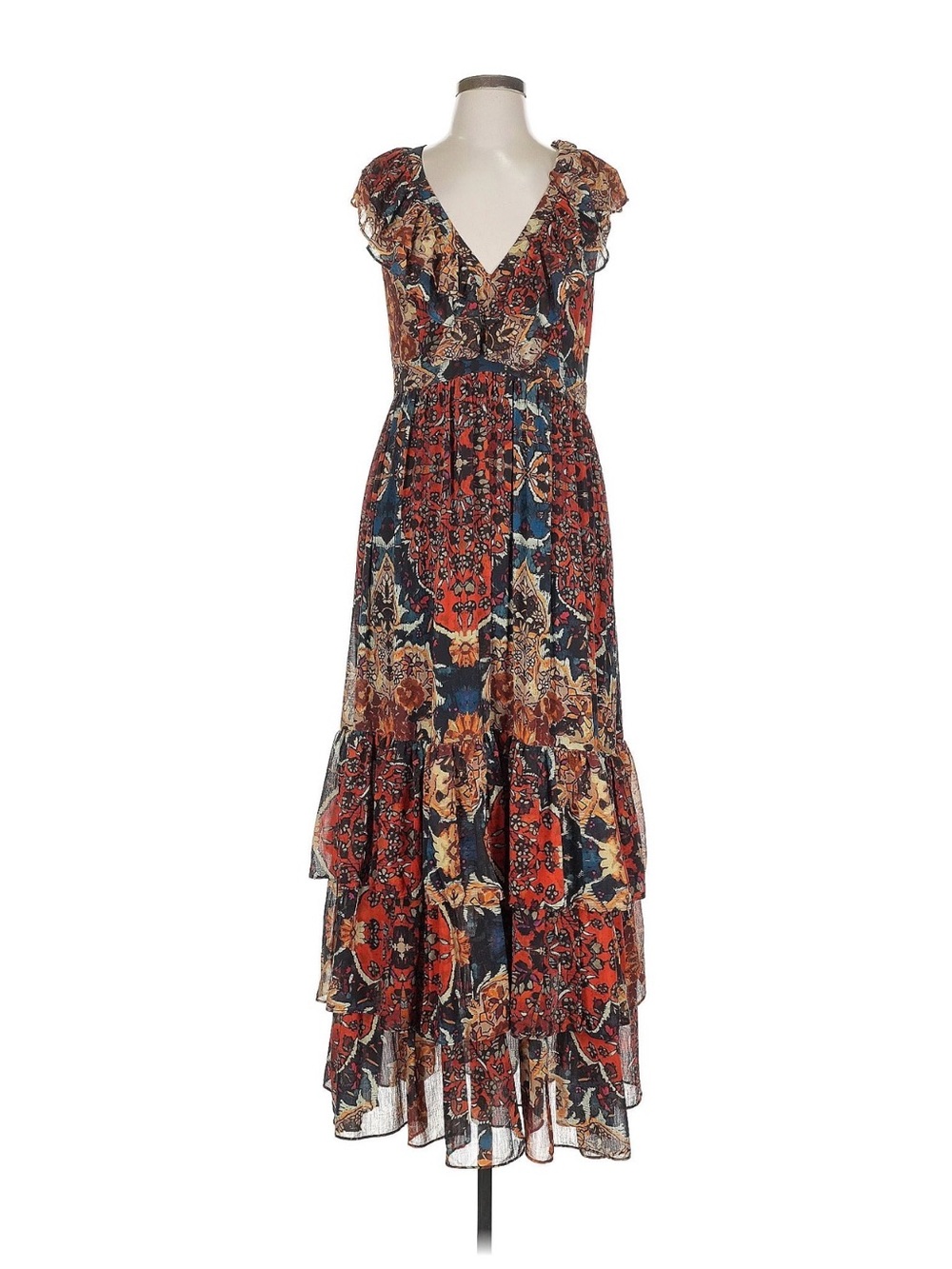 Free People Tiered Boho Maxi Dress in Rust Navy Cream 12 L